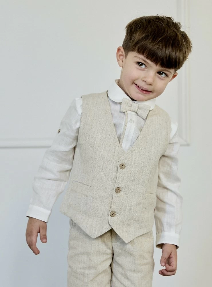 Sand-colored linen vest.