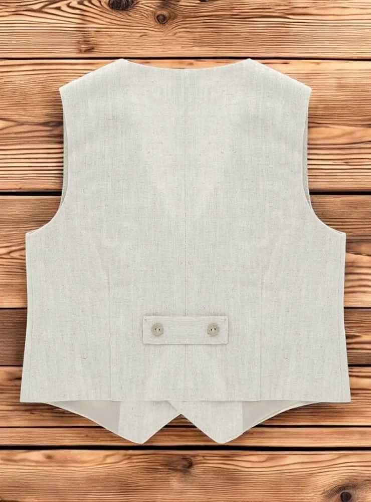 Sand-colored linen vest.