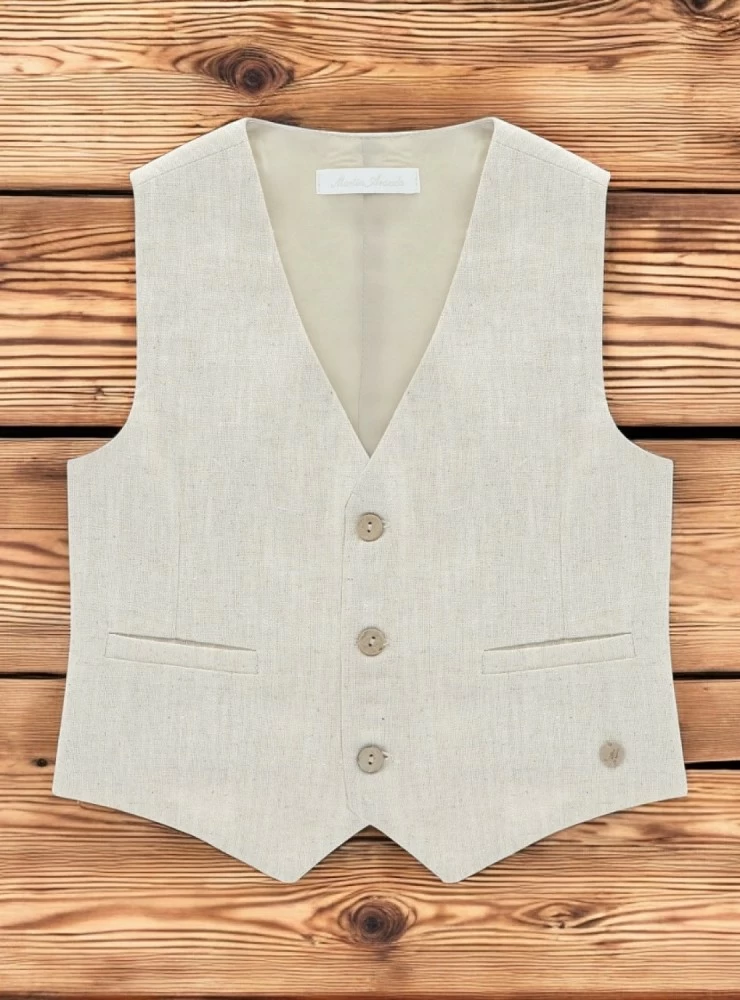 Sand-colored linen vest.
