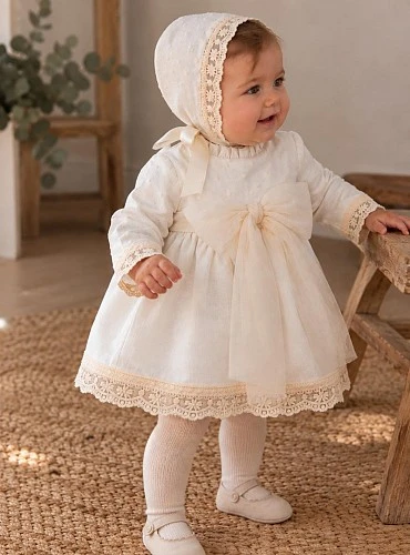Serena Collection christening set: dress, bonnet, and bloomers.