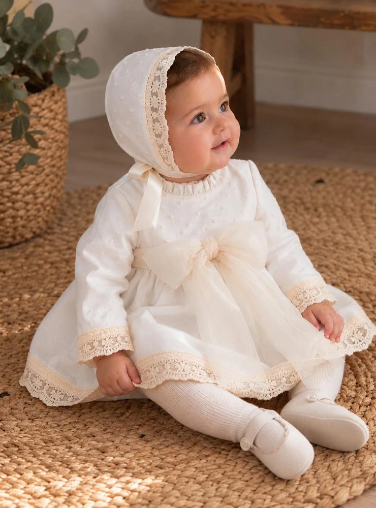 Serena Collection christening set: dress, bonnet, and bloomers.