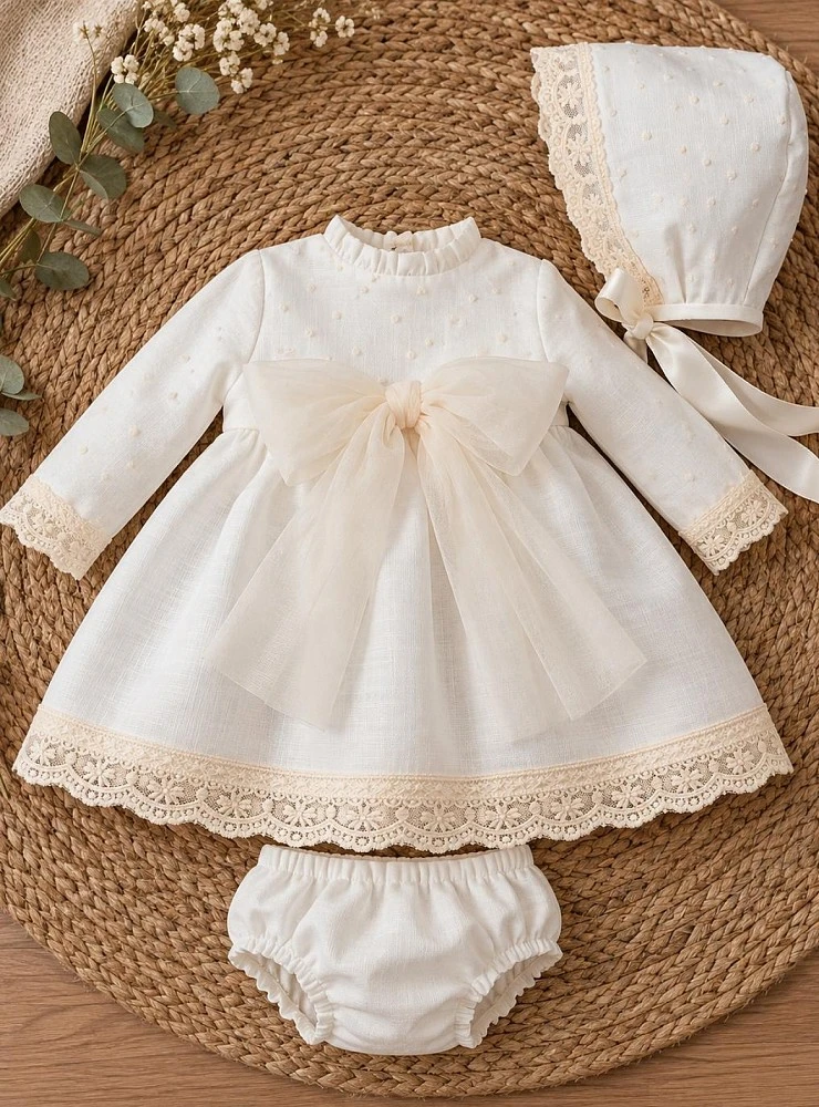 Serena Collection christening set: dress, bonnet, and bloomers.