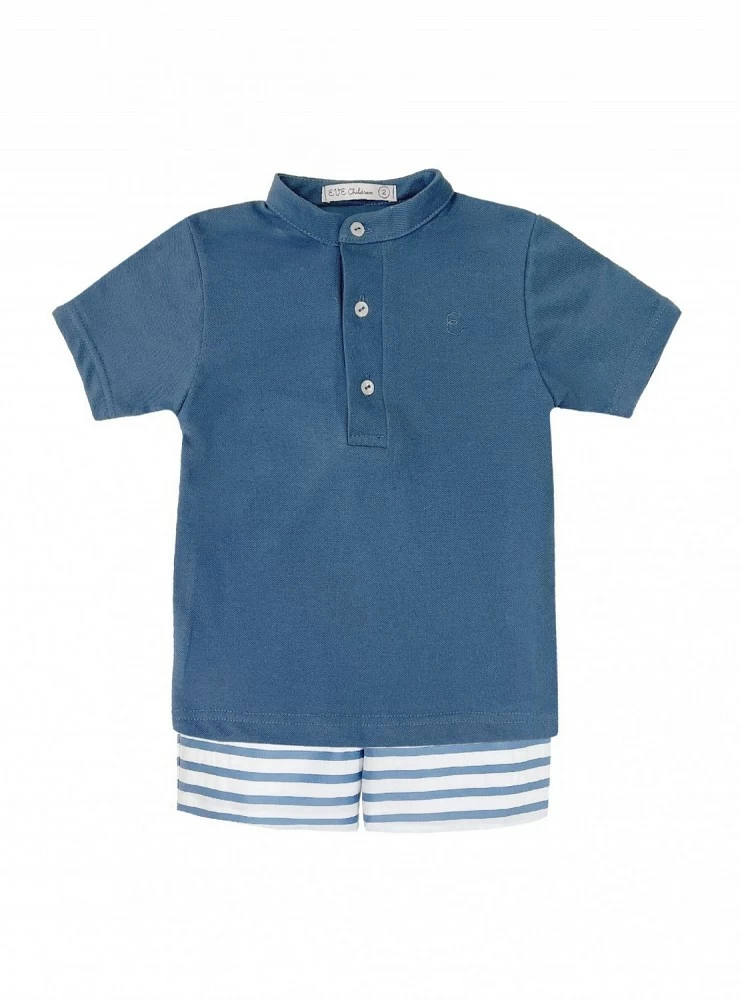 Set for boy. Blue polo shirt and striped pants.
