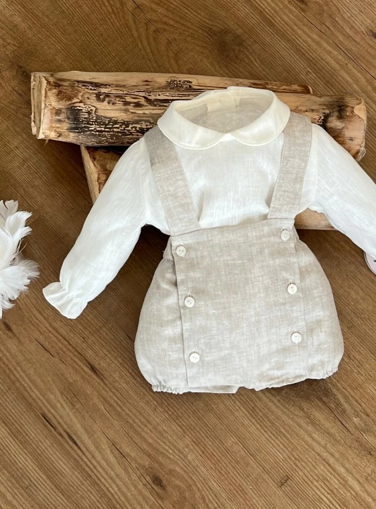 Set for boy. Frog and ceremony blouse. Beige and sand