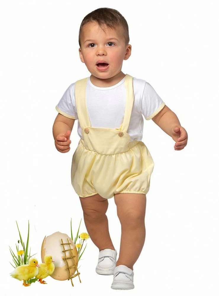 Set for boy. Yellow overalls with white t-shirt.