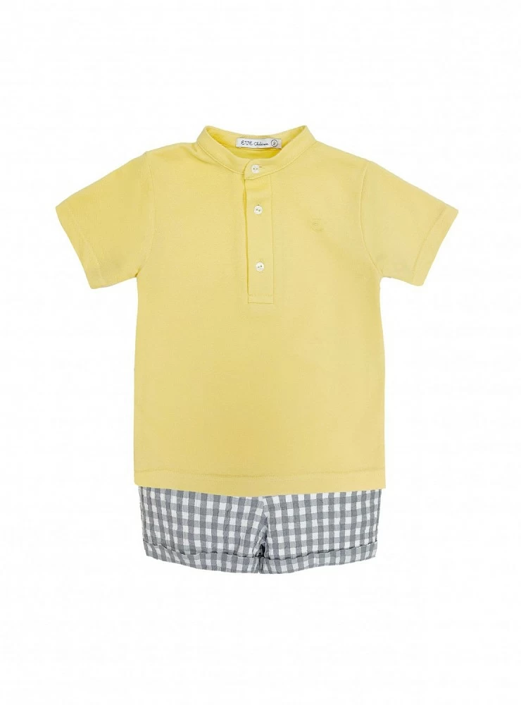 Set for boy. Yellow polo shirt and Gray Vichy pants.