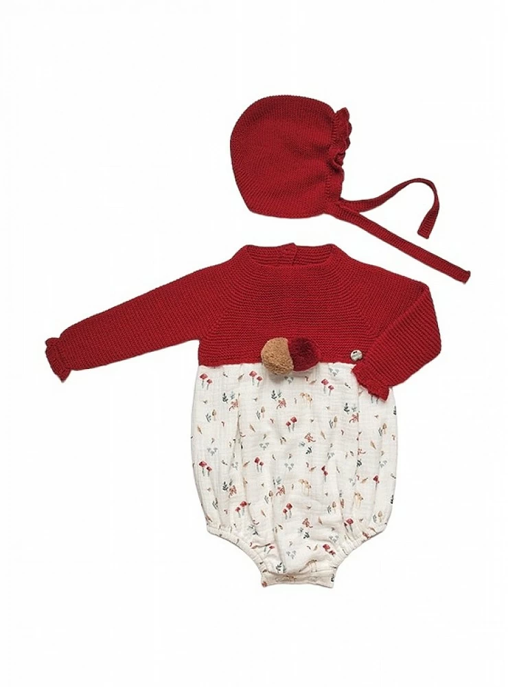 Set romper and knitted and fabric bonnet Setas collection
