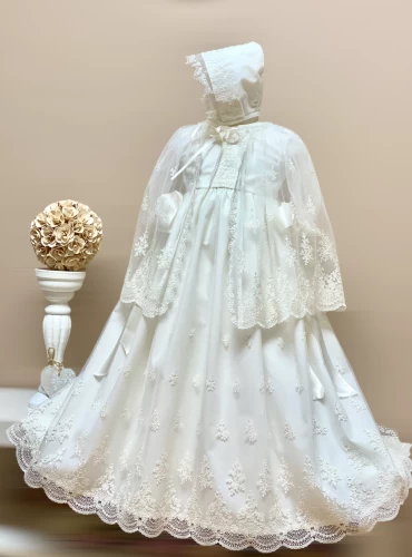 Set three pieces for christening. Unisex Skirt with hood and cape