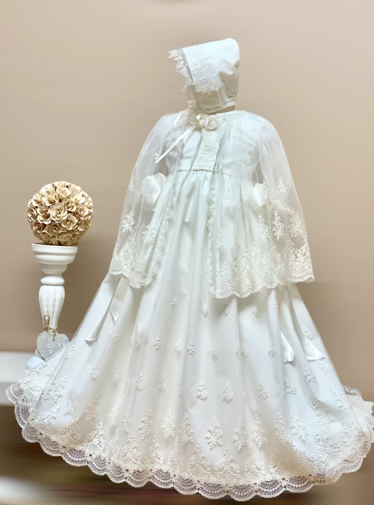 Set three pieces for christening. Unisex Skirt with hood and cape