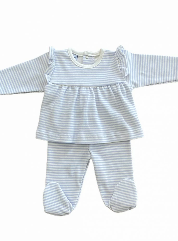 Striped doublet and leggings set in pink or blue with ruffle on the shoulder