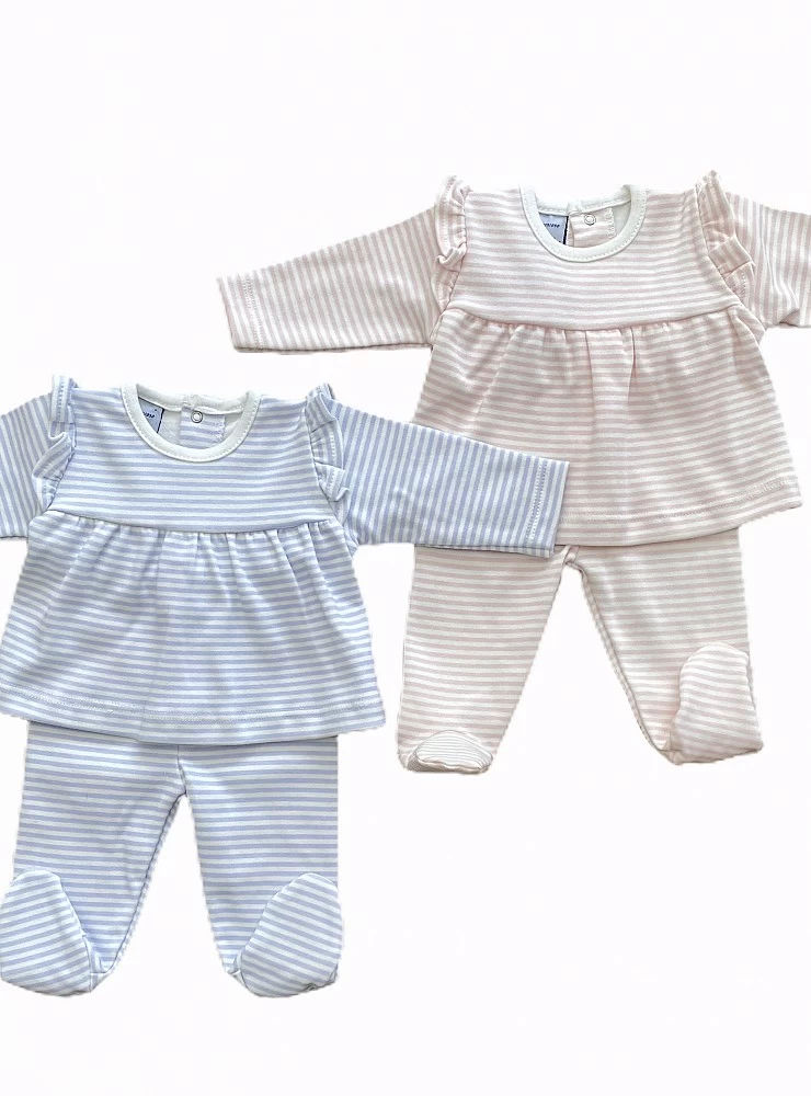 Striped doublet and leggings set in pink or blue with ruffle on the shoulder