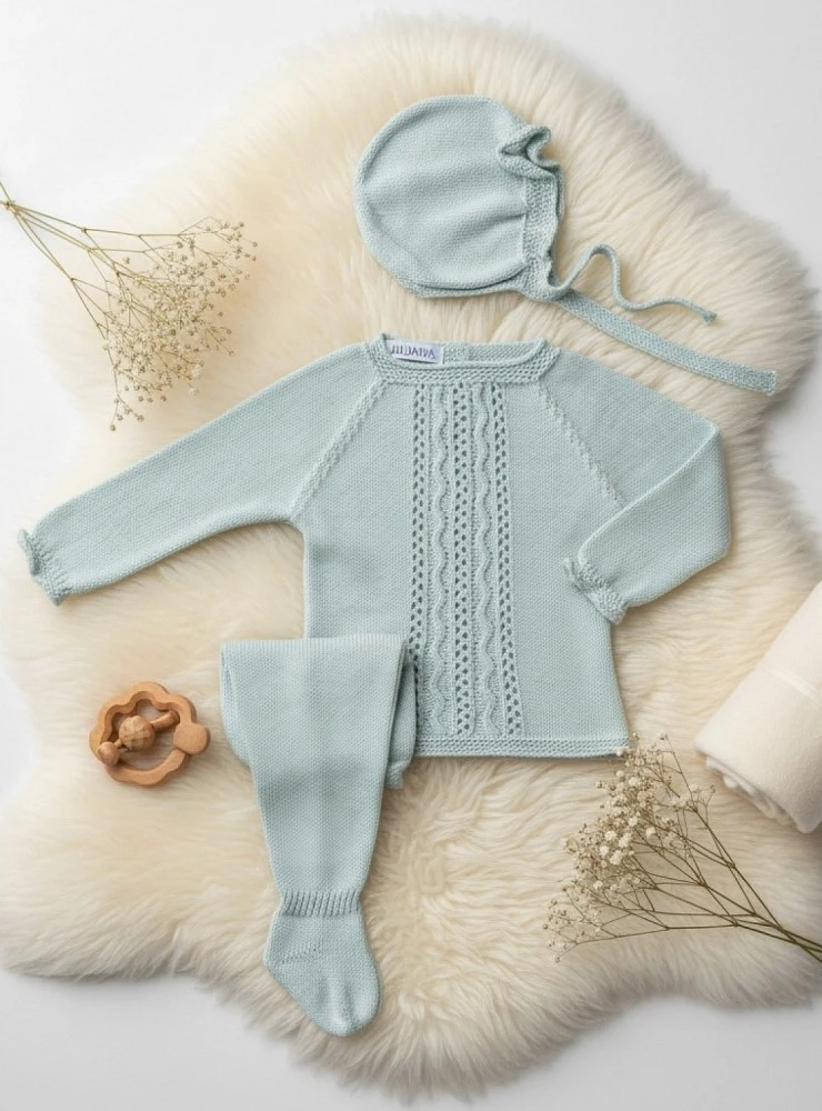 Summer knit set. Three pieces in aqua green.