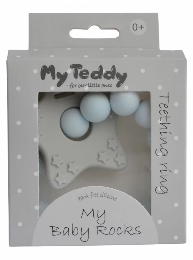 Teether balls in pink or blue.