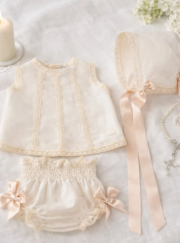 Three-piece set for girls in beige linen. Wheat Collection