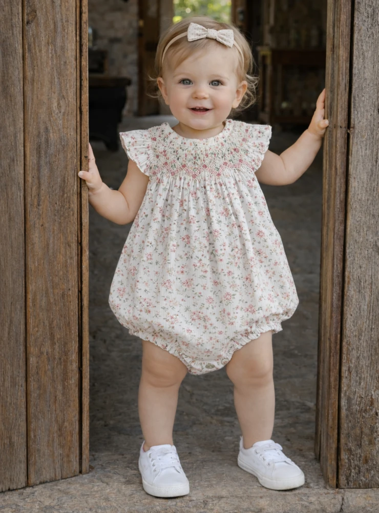 Toronto collection baby romper with smocked knit