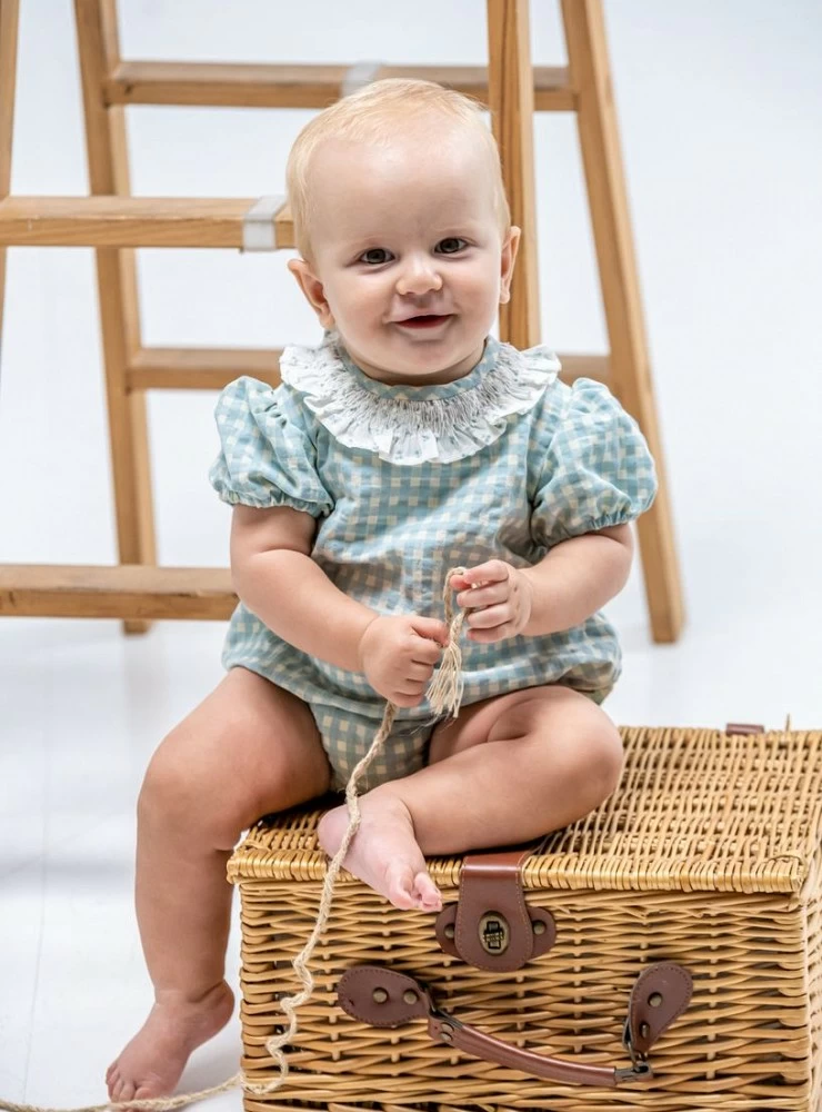 Turquoise vichy unisex romper from Cocote Cherries collection