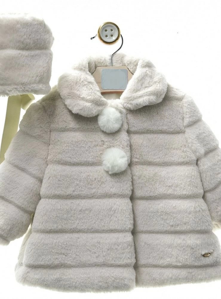 Two-color striped fur coat and hood set.