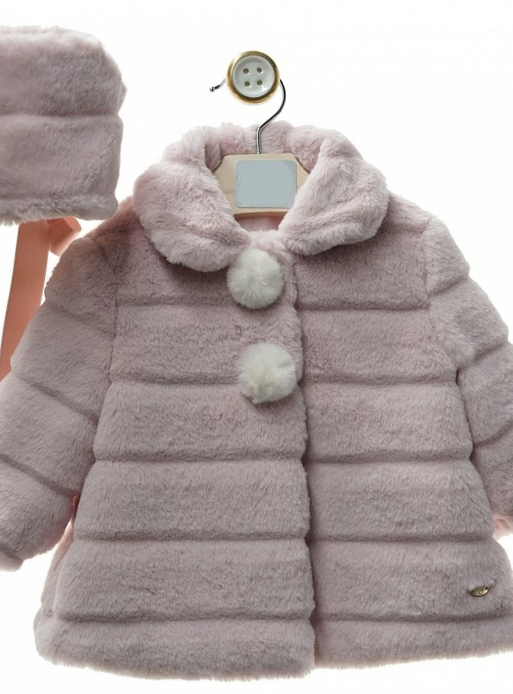 Two-color striped fur coat and hood set.