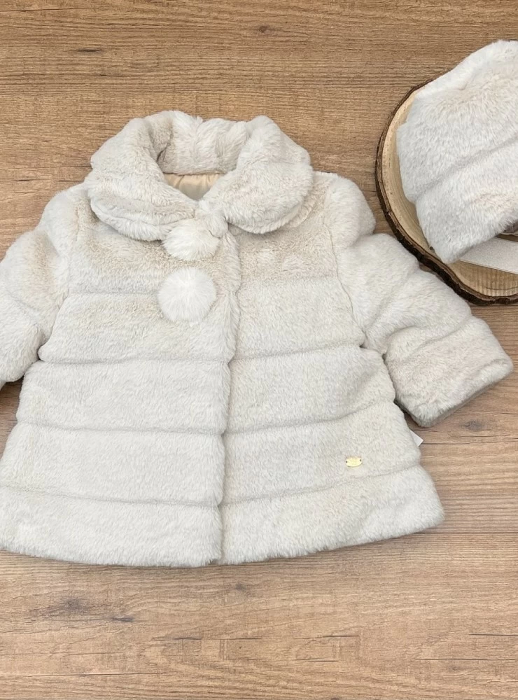 Two-color striped fur coat and hood set.