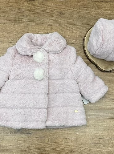 Two-color striped fur coat and hood set.