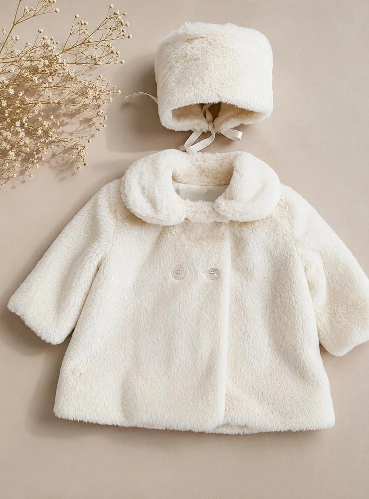 Unisex baby faux fur coat with hood, ecru color