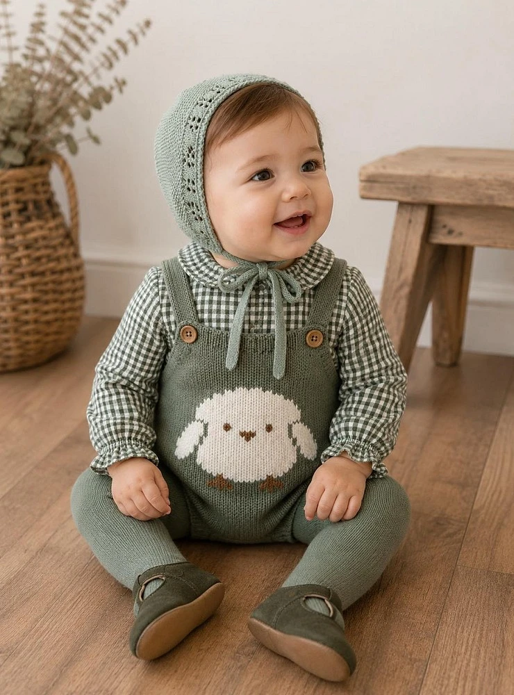 Unisex baby set: knitted romper and gingham blouse, Sweets collection