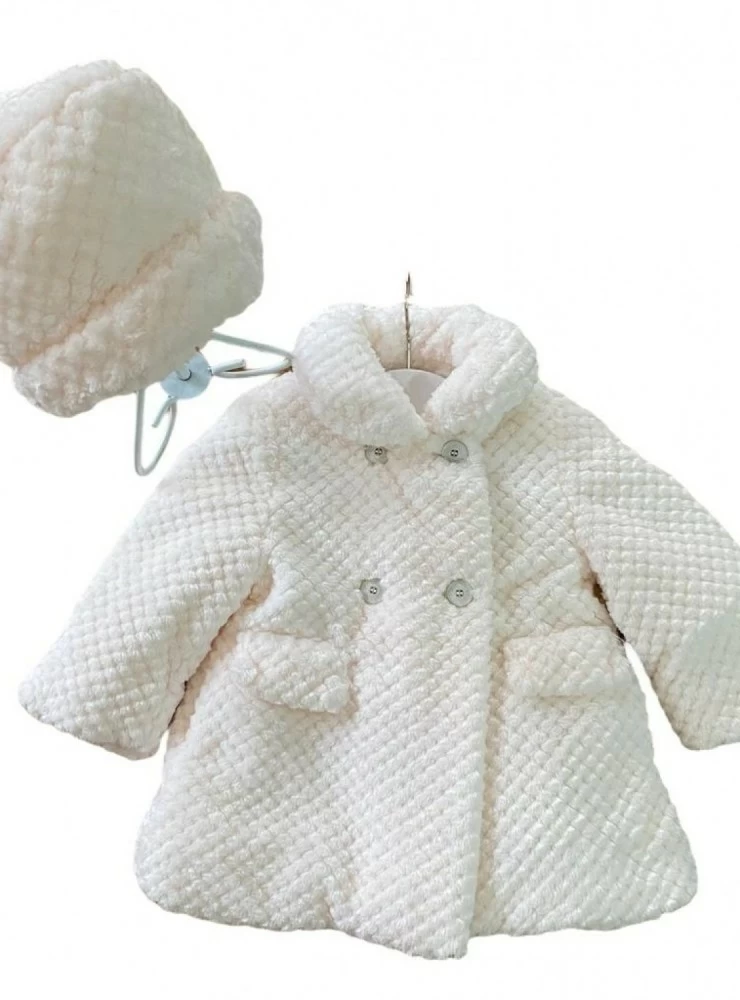 Unisex beige fur coat and bonnet set