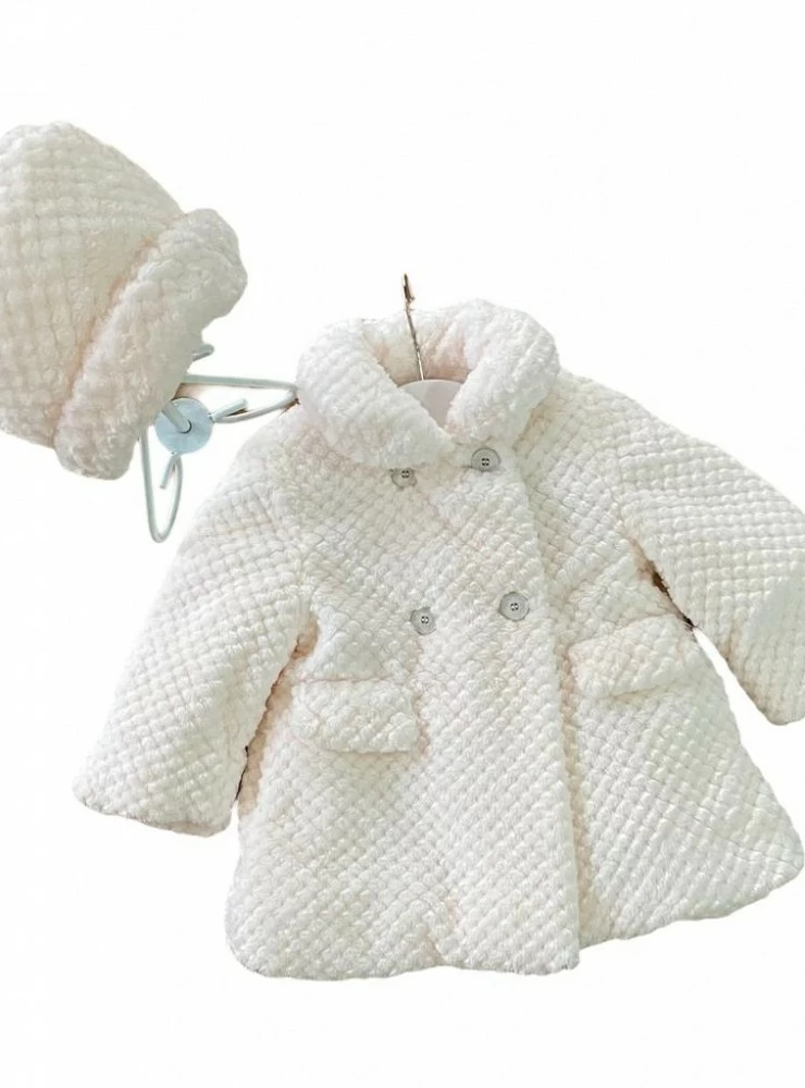 Unisex beige fur coat and bonnet set