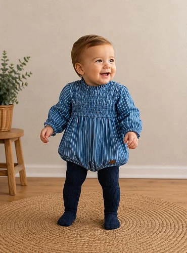 Unisex blue denim romper with white stripes