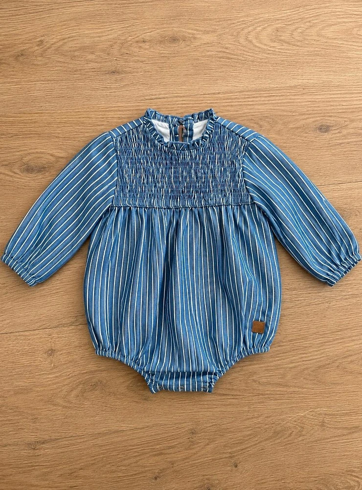 Unisex blue denim romper with white stripes