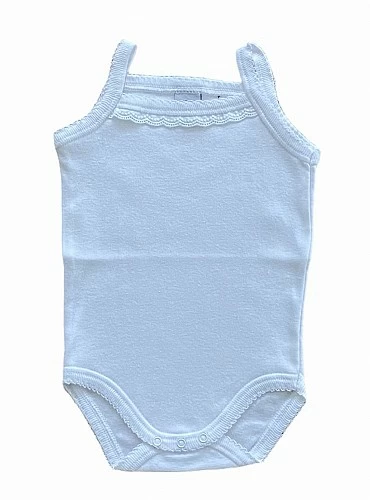 Unisex bodysuit with embroidered strip and suspenders. 4 colors