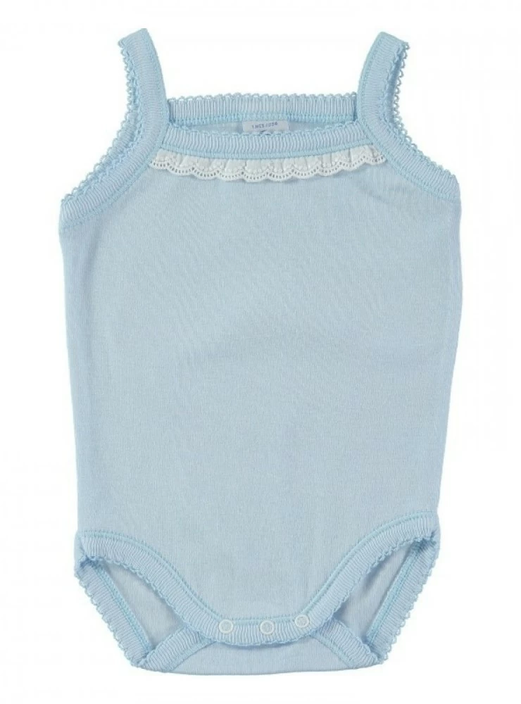 Unisex bodysuit with embroidered strip and suspenders. 4 colors