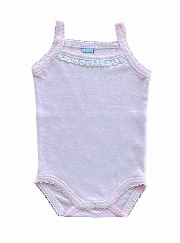 Unisex bodysuit with embroidered strip and suspenders. 4 colors