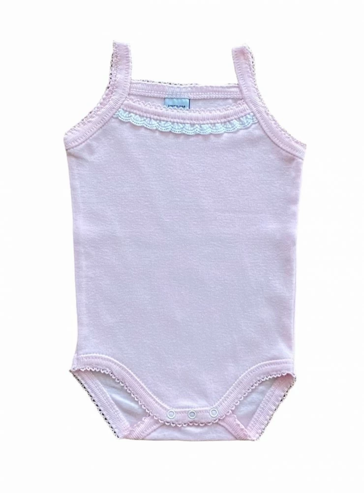 Unisex bodysuit with embroidered strip and suspenders. 4 colors