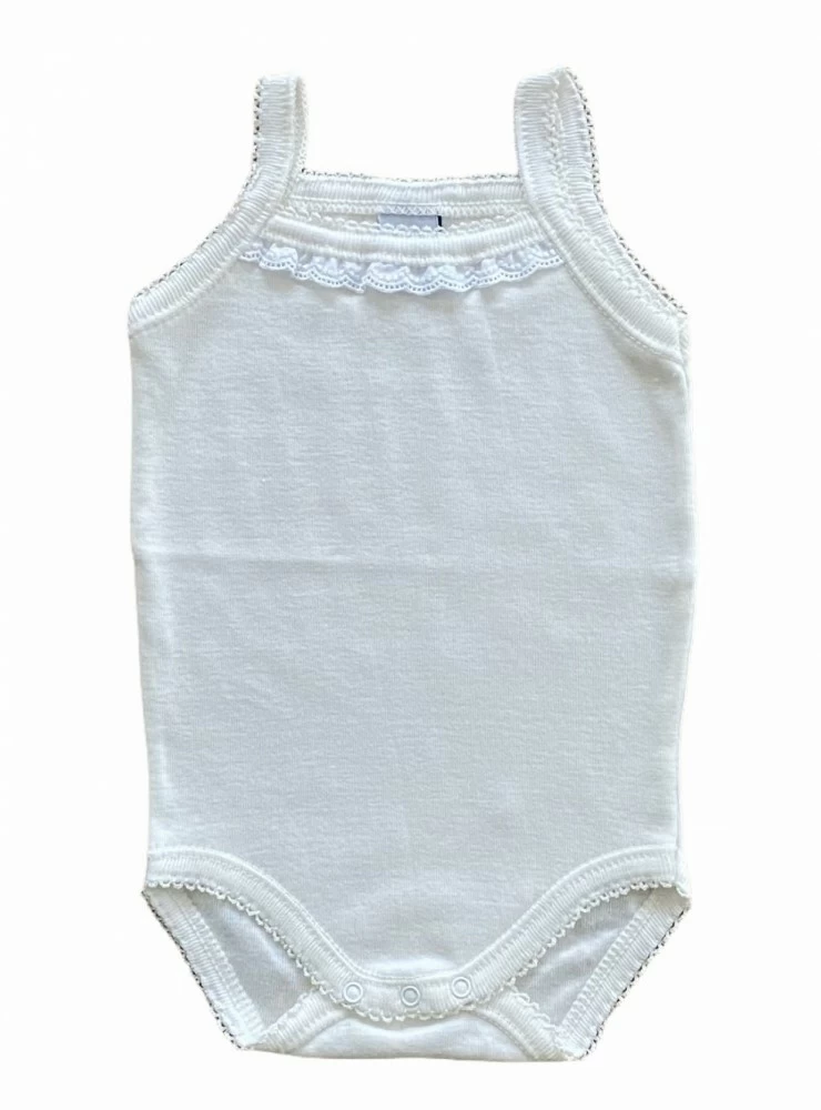 Unisex bodysuit with embroidered strip and suspenders. 4 colors