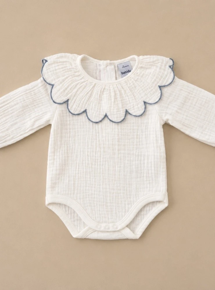 Unisex chambray bodysuit with a scalloped neckline