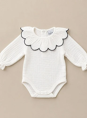 Unisex chambray bodysuit with a scalloped neckline
