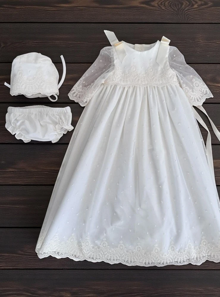 Unisex christening gown with bonnet and bloomers | Fantasy Collection