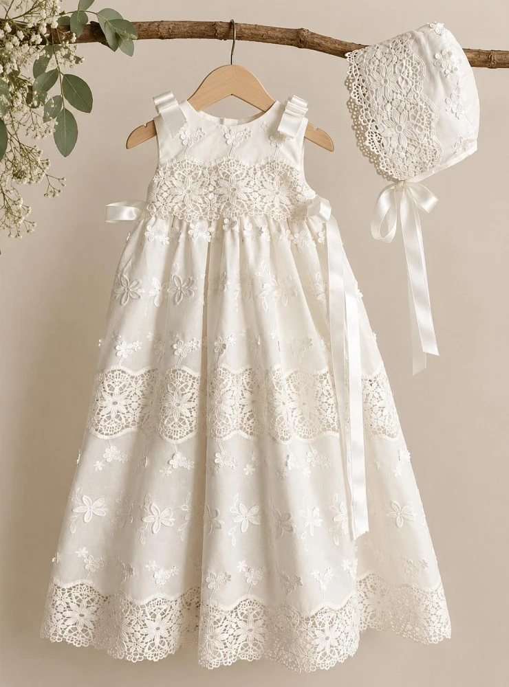 Unisex christening gown with bonnet – Blanca Collection