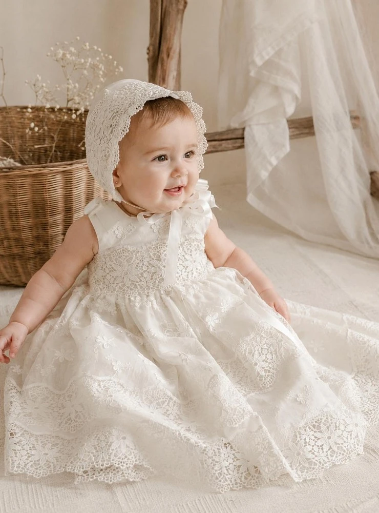 Unisex christening gown with bonnet – Blanca Collection