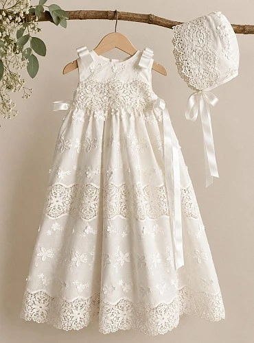 Unisex christening gown with bonnet – Blanca Collection