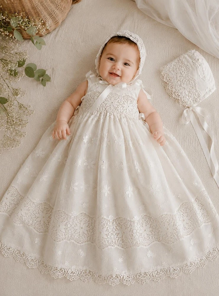 Unisex christening gown with bonnet – Blanca Collection
