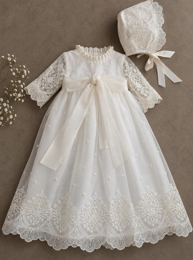 Unisex christening gown with bonnet – Carlota Collection