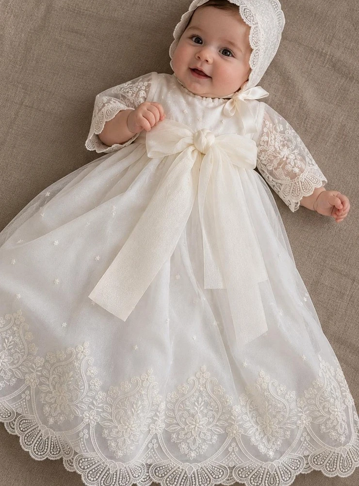 Unisex christening gown with bonnet – Carlota Collection