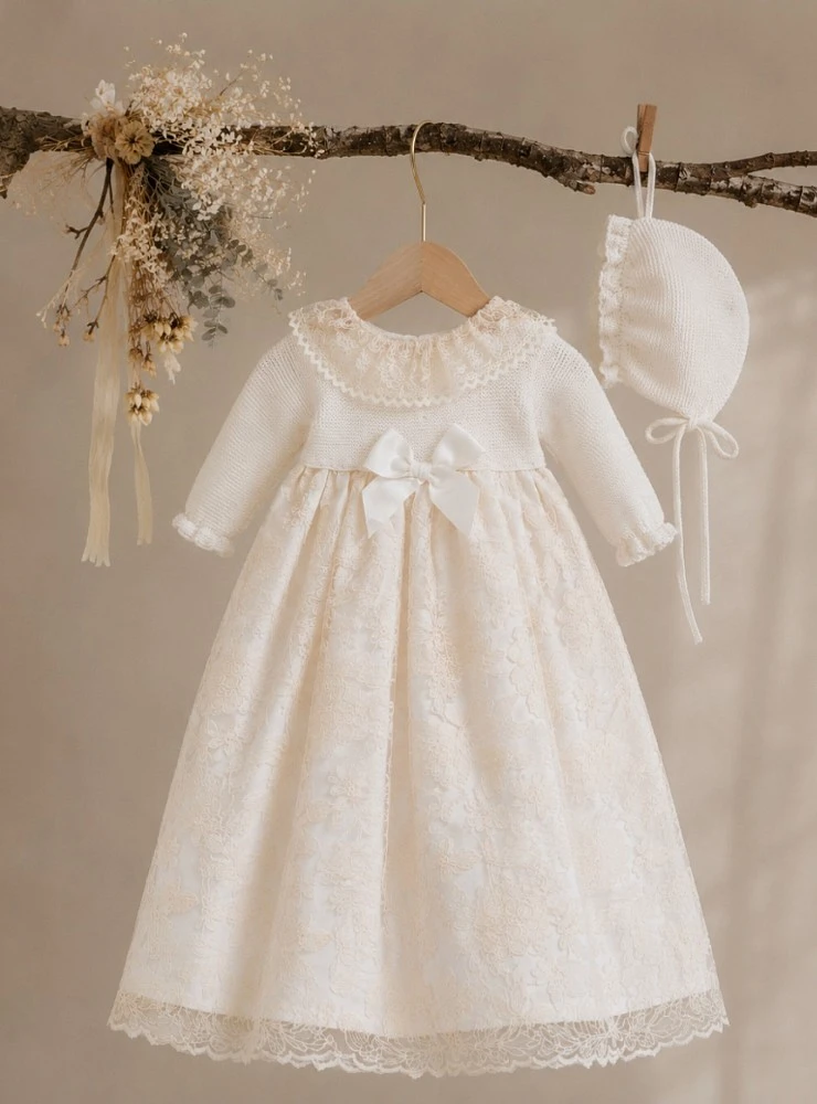 Unisex christening gown with hood for baptism and ceremony