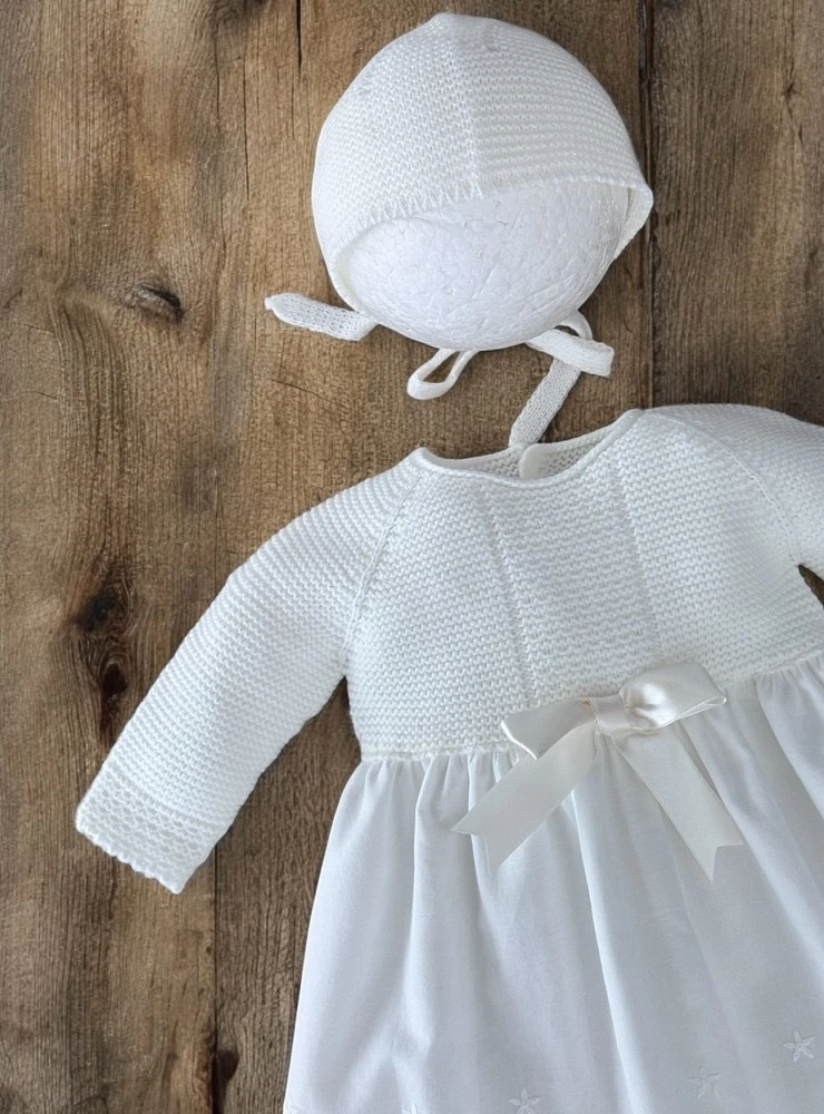 Unisex christening gown with knitted bonnet | Dalia Collection