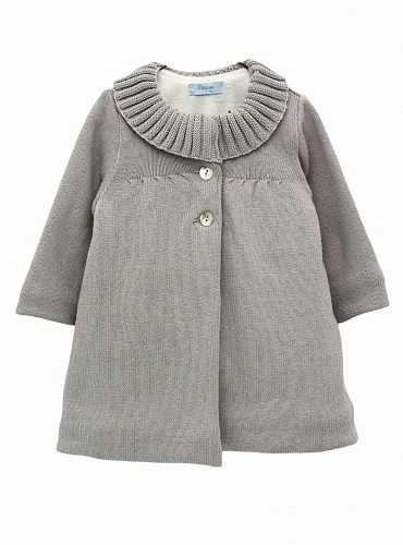 Unisex gray knitted baby coat with fur interior. Acorn Collection