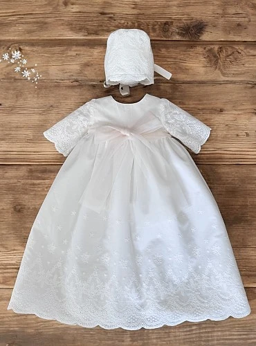 Unisex guipure lace christening gown with bonnet | Dalia Collection