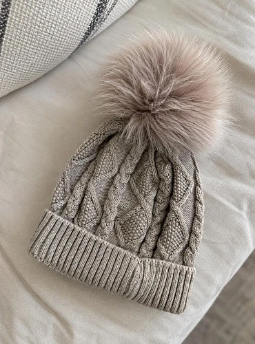 Unisex Hat with Detachable Pompom Tan Beige and Chocolate