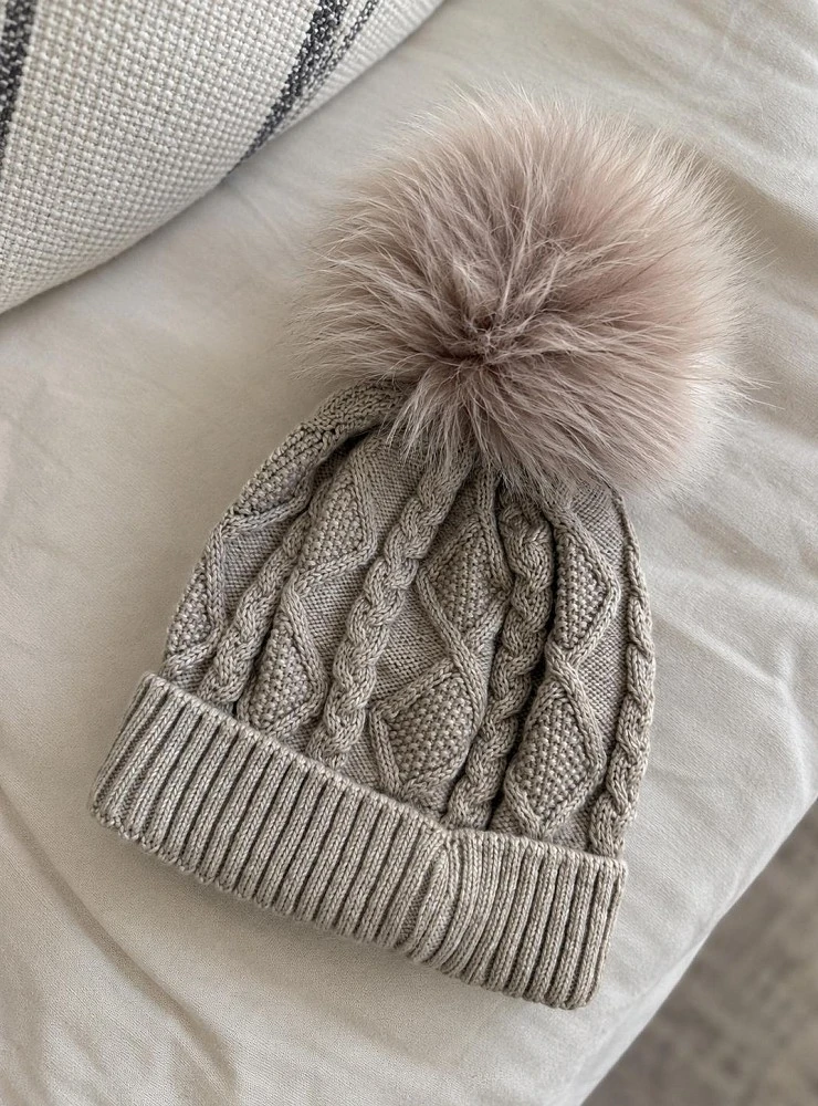 Unisex Hat with Detachable Pompom Tan Beige and Chocolate